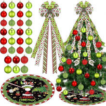 Christmas Tree Decor Set Lime Green & Red Polka Dot Bow Topper + 32 Pcs Hanging Ball Ornaments