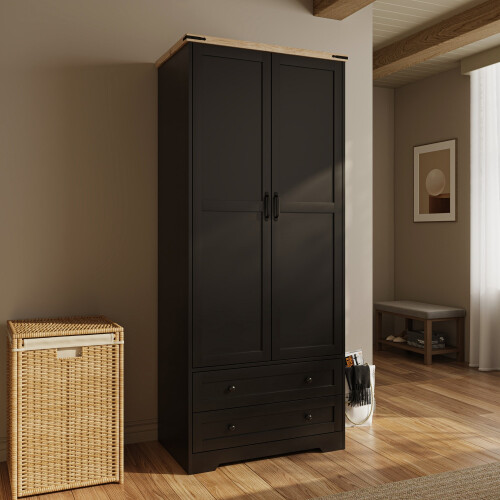 (Black) 2 Door 2 Drawer Wardrobe w/ Oak Top 2