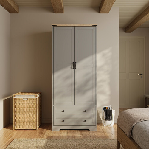 (Grey) 2 Door 2 Drawer Wardrobe w/ Oak Top 1