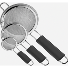 Ensemble de passoires de cuisine à mailles fines en acier inoxydable, 7, 12 et 18 cm, avec poignées antidérapantes en silicone noir.