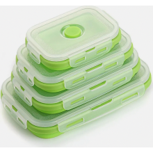 Lot de 4 boîtes de conservation pliables en silicone avec couvercles, sans BPA, hermétiques et de couleur verte.