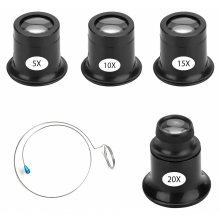 Lot de 4 loupes d'horloger, grossissements 5x, 10x, 15x et 20x, avec anneau en acier, légères.