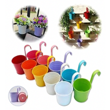 Lot de 10 pots de fleurs suspendus en métal coloré avec crochets amovibles et trous de drainage pour balcon, clôture et mur de jardin