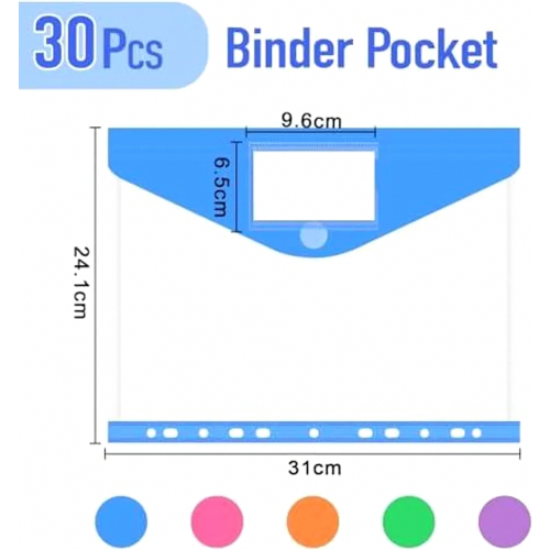 30 Pack A4 Document Wallets with 11 Holes, 5 Colours, Waterproof File Folders with Hook and Loop Closure 1