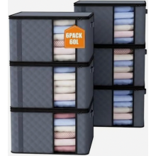 6 Pack 60L Foldable Storage Bags with Lids, Large Clothes Organisers for Duvets, Blankets and Wardrobes