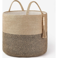 Panier de rangement tressé avec poignées, panier décoratif en corde pour couvertures, jouets, vêtements, chaussures et plantes, jaune et noi