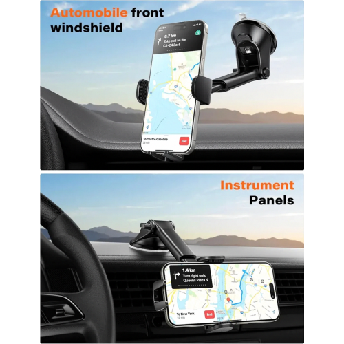 Suporte universal para celular veicular com ventosa para para-brisa e painel, compatível com smartphones. 2