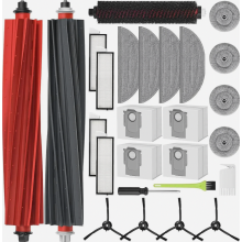 Vervangingsset met 4 stofzakken, 2 hoofdborstels, 4 filters, 4 dweildoeken, 4 mini-dweilpads en 4 zijborstels.