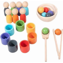 Rainbow Balls in Cups Wooden Toddler Toy, Colour Sorting and Counting Preschool Learning Game, 7 Colours