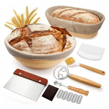 Brotgärkorb-Set, 23 cm rund und 25 cm oval, aus Naturrattan, mit Einlage und Teigwerkzeugen