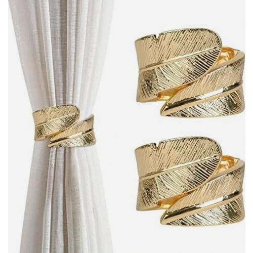 2 Pack Gold Feather Curtain Tiebacks, Alloy Curtain Clips, Decorative Holdbacks Compatible with Drapes