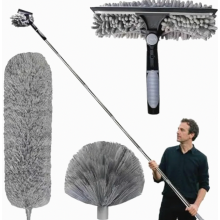 Kit de nettoyage avec plumeau télescopique, perche extensible de 1,5 à 4,9 m, brosse à toiles d'araignée en microfibre et raclette à vitres