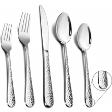 Ménagère 30 pièces en acier inoxydable pour 6 personnes, manches martelés, finition polie miroir, compatible lave-vaisselle