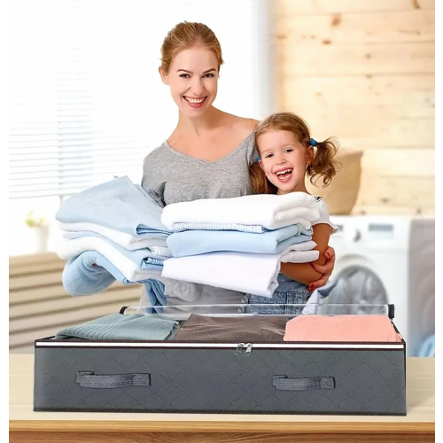 2 Pack 90L Under Bed Storage Bags, Foldable Underbed Organisers with Clear Window, Handles and Zip 1