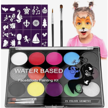 Kids Face Paint Set, 15 Washable Body Paint Colours with 2 Brushes and 40 Stencils for Carnival Makeup