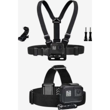 Set met borstharnas en hoofdband voor actiecamera's, verstelbare handsfree houder voor buitensporten.