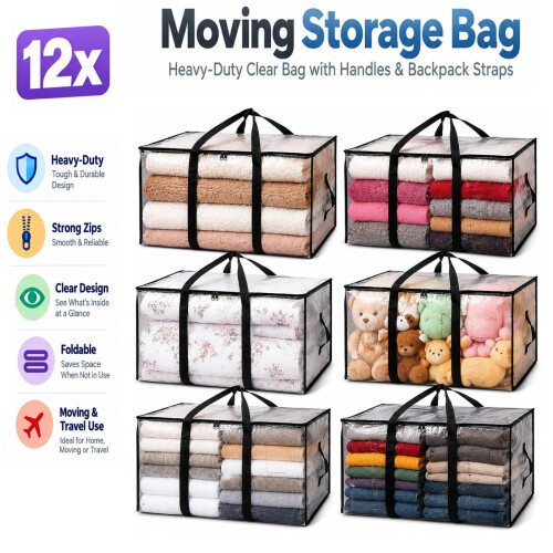 12x Moving Storage Bags Clear Heavy Duty with Handles