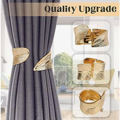 2 Pack Gold Feather Curtain Tiebacks, Alloy Curtain Clips, Decorative Holdbacks Compatible with Drapes 1