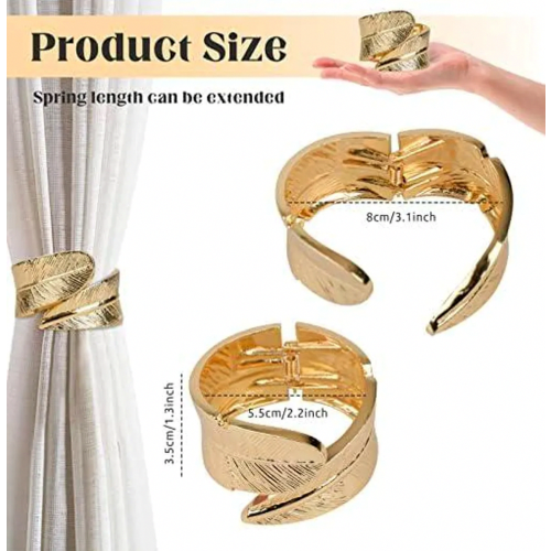2 Pack Gold Feather Curtain Tiebacks, Alloy Curtain Clips, Decorative Holdbacks Compatible with Drapes 2