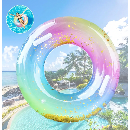 Adult Inflatable Swim Ring with Handle, Transparent Rainbow Sequin Pool Float for Summer Pool Parties 1