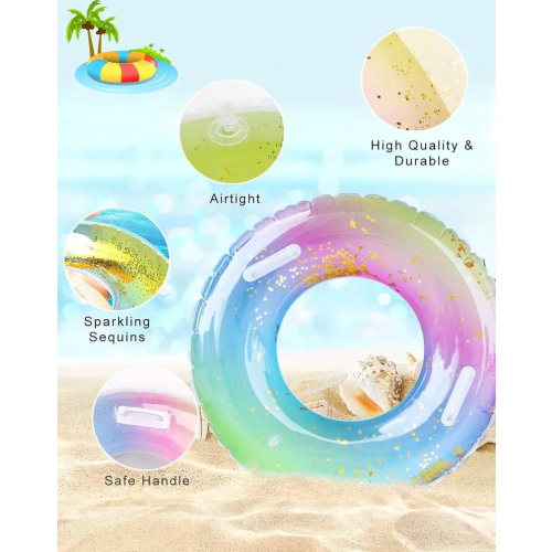 Adult Inflatable Swim Ring with Handle, Transparent Rainbow Sequin Pool Float for Summer Pool Parties 2