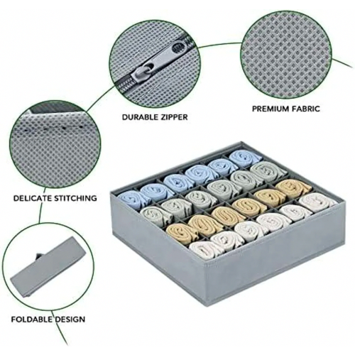 Underwear and Sock Organiser, 4 Pack Wardrobe Drawer Storage Boxes with 96 Compartments, Grey 1