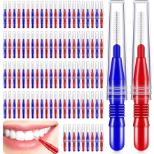 Kit com 300 escovas interdentais, palitos de fio dental e limpadores de dentes, ferramentas de higiene bucal nas cores vermelha e azul.