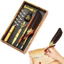 (Braun) Vintage Feather Quill Pen Set Calligraphy Dip Pen Writing Ink Wax Seal Stamp Kit with Replacement Nibs Gift