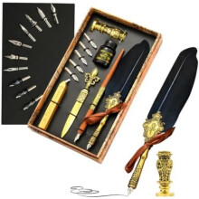 (Marineblau) Vintage Feather Quill Pen Set Calligraphy Dip Pen Writing Ink Wax Seal Stamp Kit with Replacement Nibs Gift
