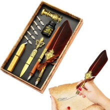 (Rot) Vintage Feather Quill Pen Set Calligraphy Dip Pen Writing Ink Wax Seal Stamp Kit with Replacement Nibs Gift