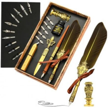 (Gelb) Vintage Feather Quill Pen Set Calligraphy Dip Pen Writing Ink Wax Seal Stamp Kit with Replacement Nibs Gift