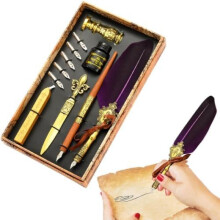 (Lila) Vintage Feather Quill Pen Set Calligraphy Dip Pen Writing Ink Wax Seal Stamp Kit with Replacement Nibs Gift
