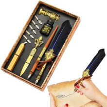 (Saphir) Vintage Feather Quill Pen Set Calligraphy Dip Pen Writing Ink Wax Seal Stamp Kit with Replacement Nibs Gift