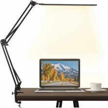 Dimbare LED-bureaulamp met klem, zwenkarm, geheugenfunctie, USB-poort, 3 kleurmodi, 10 helderheidsniveaus, 12W