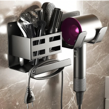 No Drill Wall Mounted Hair Dryer Holder, Black Aluminium Storage Rack with 2 Compartments and Cable Hook