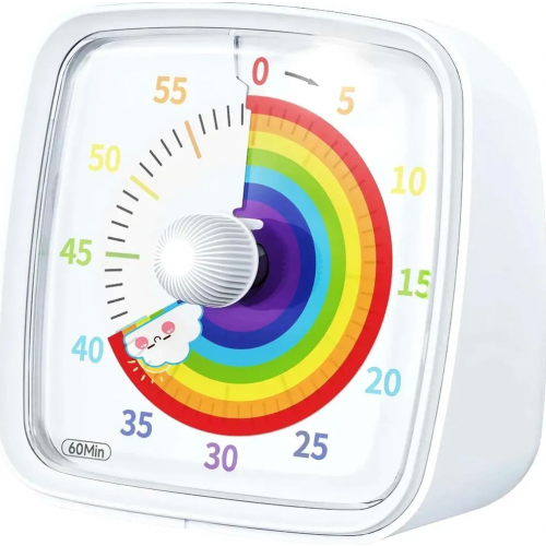 Visual Timer with Night Light, 60 Minute Countdown, Rainbow Pattern Kids Pomodoro Timer, Quiet, White
