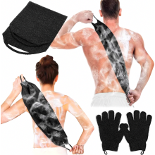 Conjunto de esponja esfoliante para as costas e luva de banho, toalha de banho para esfoliação corporal, remoção de pele morta, preto