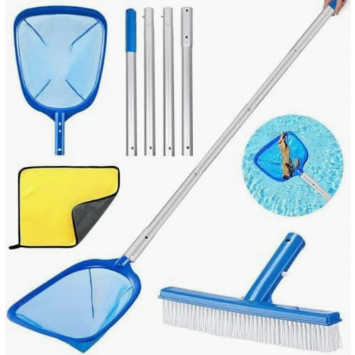 Pool Skimmer Net with 187 cm Telescopic Pole, Fine Mesh Leaf Net and Pool Brush Cleaning Set