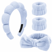 Conjunto de 4 piezas de diadema y muñequera azules para spa para mujeres, bandas suaves para el cabello para maquillaje y cuidado de la piel