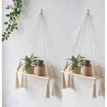 2 Pack Macrame Wall Shelf Wooden Hanging Boho Plant Shelf with Cotton Rope Tassels for Bedroom Living Room