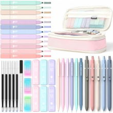 39-delige schoolset met etui, pastelkleurige markeerstiften, gelpennen en vulpotloden.