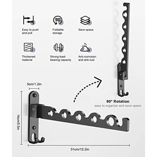 Foldable Wall Mounted Clothes Rack, Aluminium Clothes Hanger Hook for Laundry Bathroom Balcony, Black 1