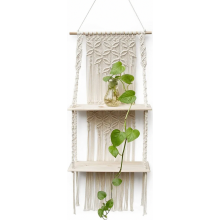 Handwoven Macrame Wooden Wall Shelf, Boho Hanging Floating Shelf for Plants, Bathroom, Living Room