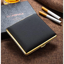 Genuine Leather Cigarette Case with Gold Metal Stainless Steel Holder for 20 Cigarettes, Black, for Men and Women