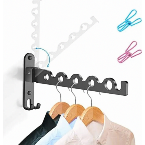 Foldable Wall Mounted Clothes Rack, Aluminium Clothes Hanger Hook for Laundry Bathroom Balcony, Black