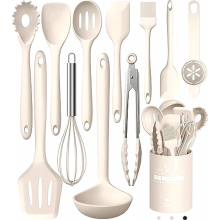 Juego de 12 utensilios de cocina de silicona con soporte, resistentes al calor y antiadherentes, color caqui.