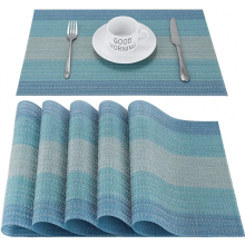 Set of 6 Blue PVC Placemats, Wipe Clean Heat Resistant Vinyl Table Mats for Kitchen Dining, 30 x 45 cm