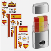 Set met Spaanse fan-gezichtsverf, 3 vlag-make-upsticks en 10 tijdelijke vlag-tatoeages voor voetbal- en sportevenementen.