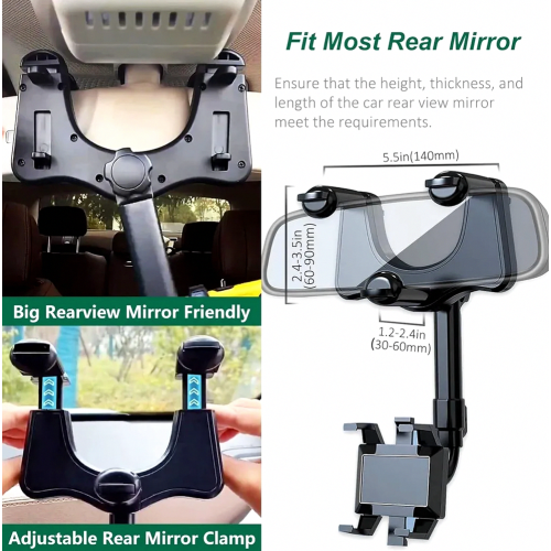 Adjustable Retractable Car Phone Holder, Multifunctional Rearview Mirror Mount, Rotating Design 2