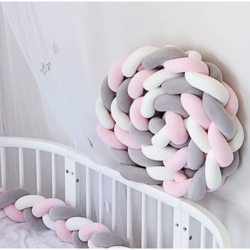 Braided Cot Bumper 200 cm, Baby Bed Guard Rail, Head Protector and Draught Stopper, Pink White Grey